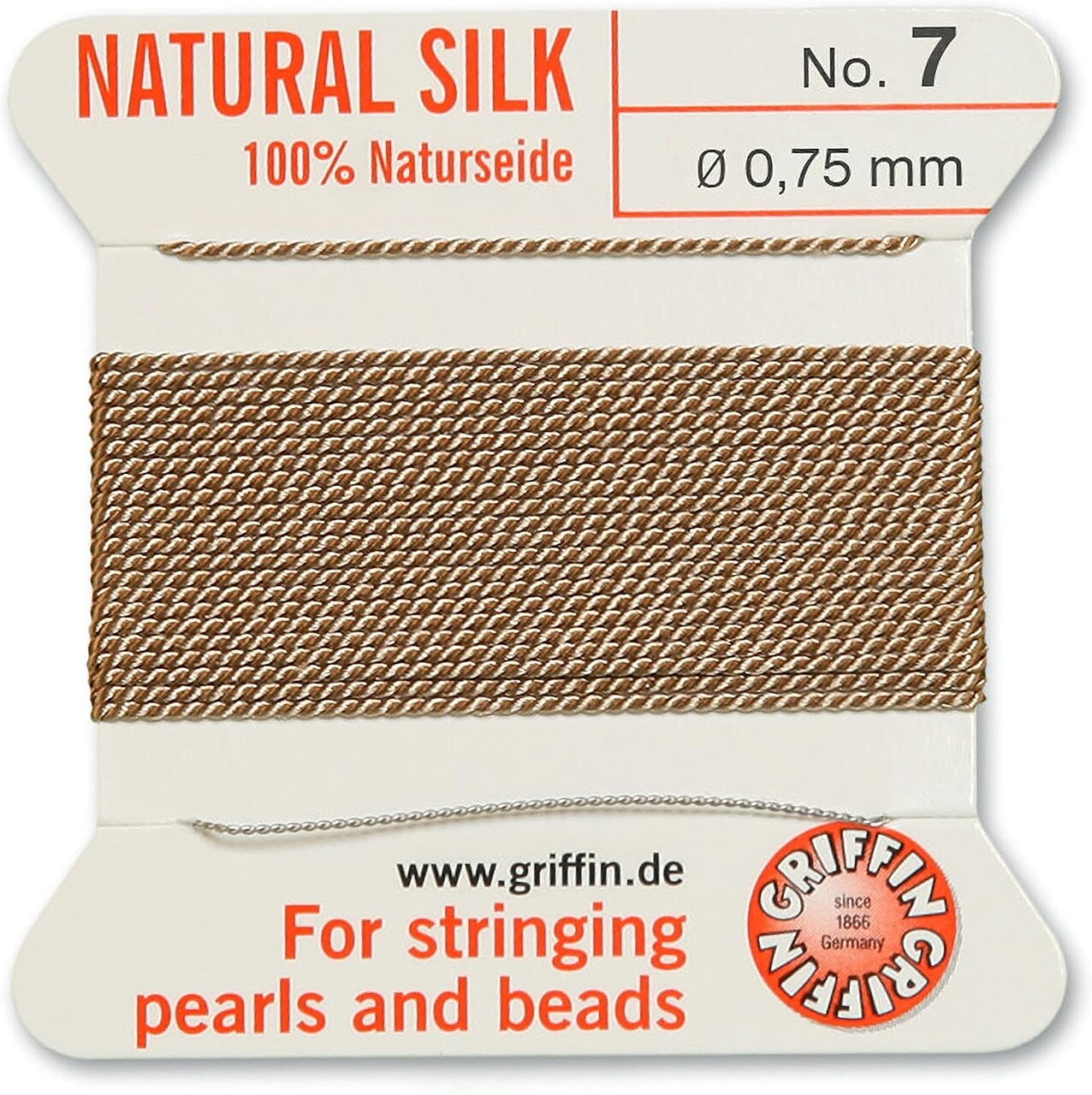 Griffin Silk Bead Cord Perlseide – Size 7 (0.75mm) – 2 Meters per Card – Stainless Steel Needle Attached – for Knotting Pearls, Gemstones, Crystals and Beads